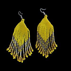 Boho Chic Chevron Yellow and Gold Seed Bead Earrings 3”